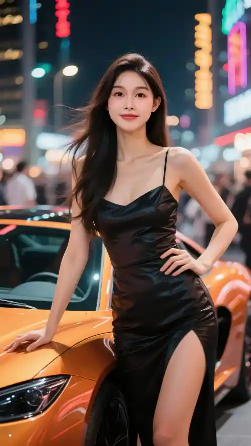 4k美女壁纸 - 车模 - 城市背景 - 夜晚街拍「哲风壁纸」