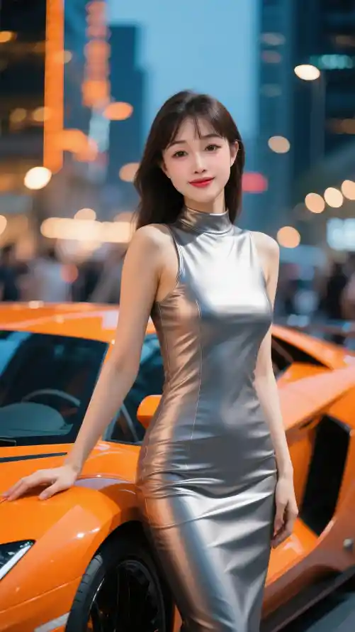 4k美女壁纸 - 魅力 - 城市夜景 - 橙色跑车「哲风壁纸」