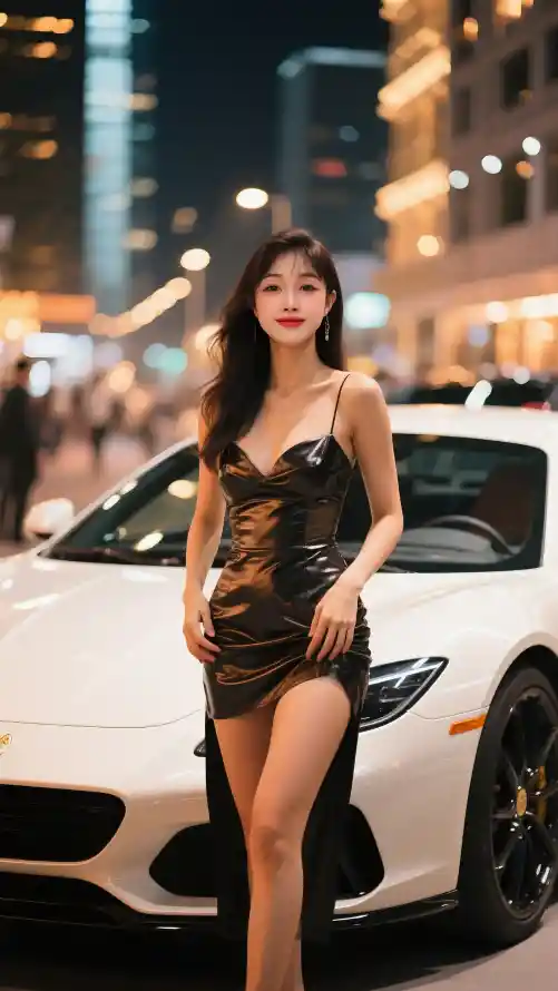 4k美女壁纸 - 车模 - 夜景跑车 - 时尚车模「哲风壁纸」