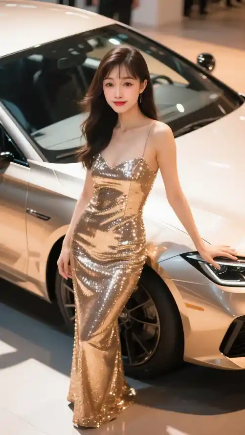 4k美女壁纸 - 车模 - 亮片礼服 - 时尚车模「哲风壁纸」
