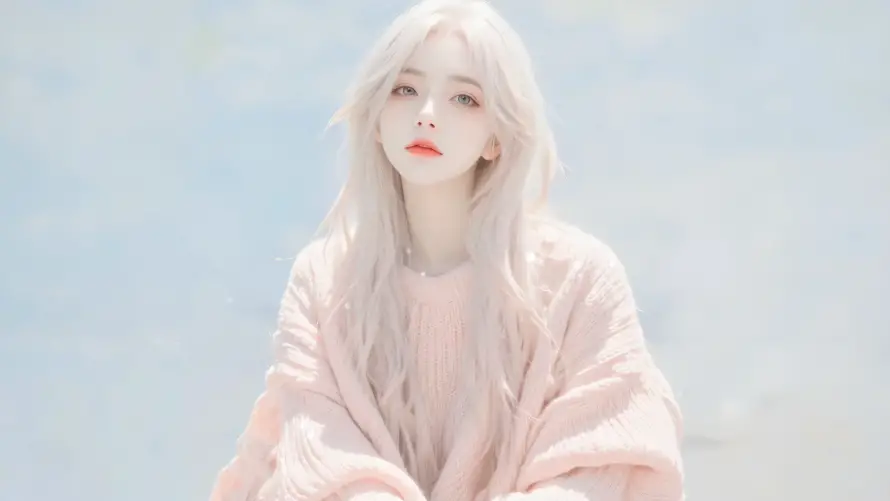 2k少女壁纸-冷白皮 - 淡蓝背景-温柔氛围「哲风壁纸」