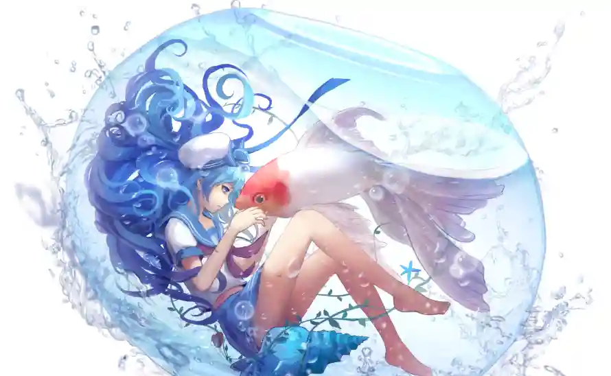 5k蓝发壁纸-水波纹和蓝头发-梦幻插画壁纸分享「哲风壁纸」