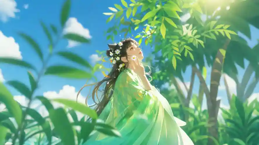 4k古风少女壁纸-古风绿裙壁纸和古风背景-绿叶少女「哲风壁纸」