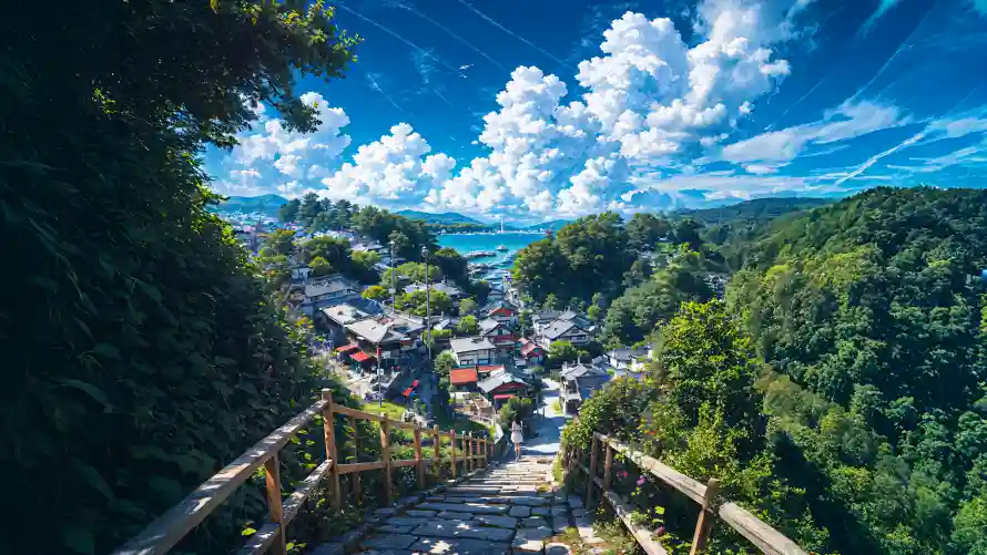 4k晴空壁纸-山间阶梯 - 海滨村落-滨海小镇「哲风壁纸」