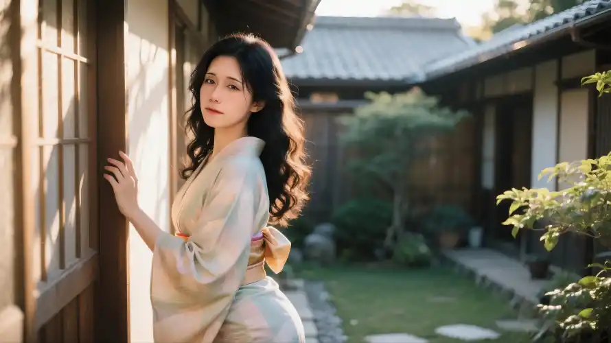 4k美女壁纸-和服美女与阳光-庭院风景壁纸分享「哲风壁纸」