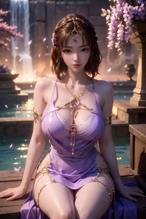 4k国漫壁纸 - 修仙场景 - 瀑布背景 - 紫裙美女「哲风壁纸」