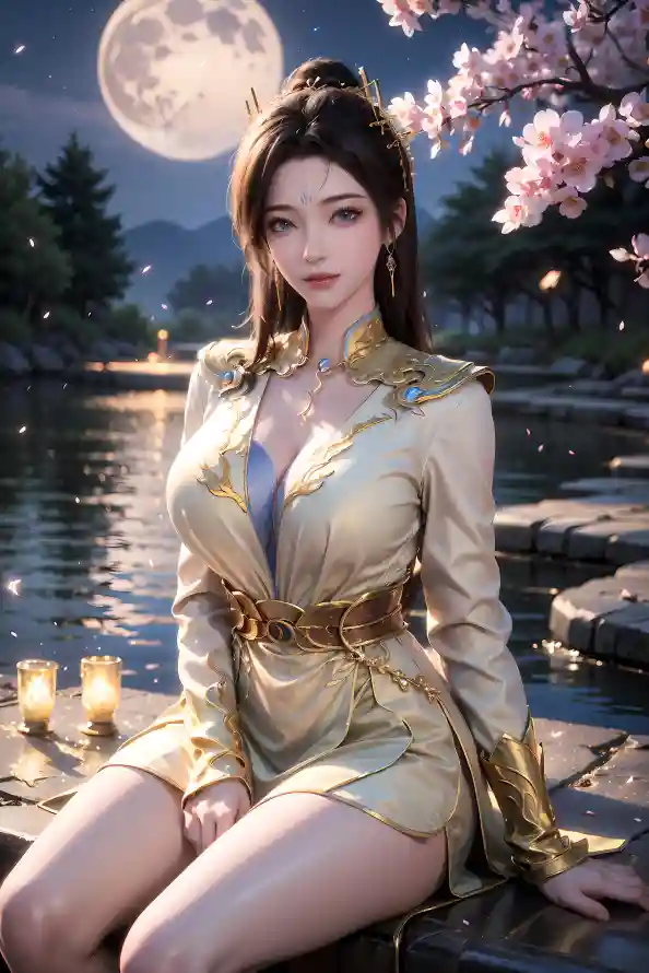 4k国漫壁纸 - 遮天 - 月夜美女 - 樱花湖泊「哲风壁纸」