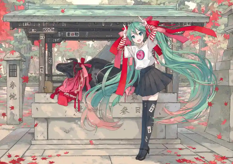 2k寺庙壁纸-双马尾和红叶-初音未来壁纸推荐「哲风壁纸」