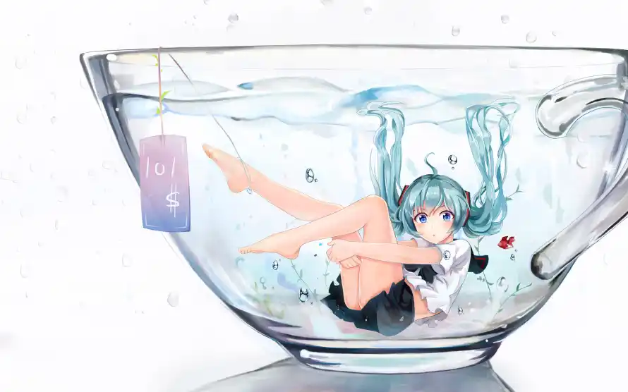 2k水杯壁纸-创意插画壁纸和初音未来-杯中场景「哲风壁纸」