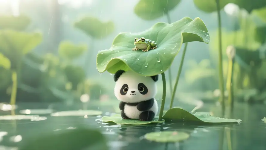 4kAI壁纸-下雨荷塘 - 下雨-熊猫青蛙壁纸推荐「哲风壁纸」