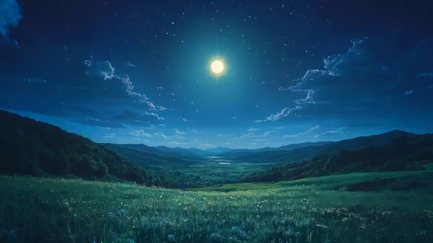 4k明月壁纸-夜晚旷野与旷野明月-旷野草地「哲风壁纸」