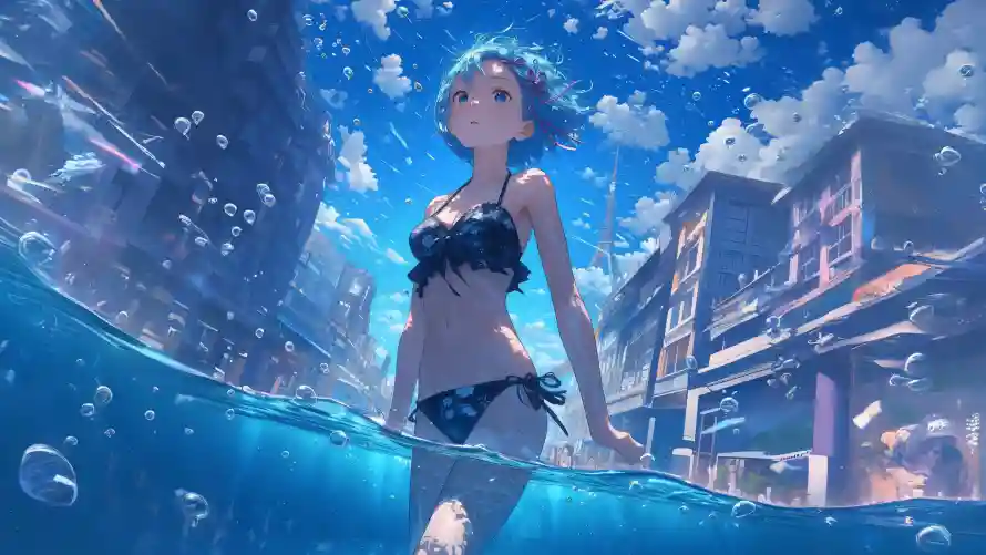 4k动漫插画壁纸-夏日场景与水下城市-泳装少女「哲风壁纸」