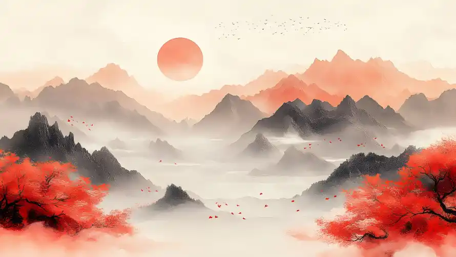 4k红叶树壁纸-中式美学 - 云雾山水-传统山水「哲风壁纸」