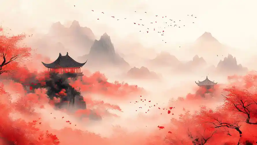 4k中式意境壁纸-丹枫古亭与云雾飞鸟-国风山水「哲风壁纸」