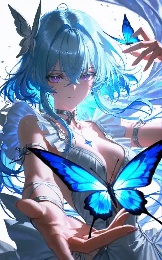 4k蝴蝶壁纸 - 蓝头发 - 蓝蝴蝶 - 少女插画「哲风壁纸」