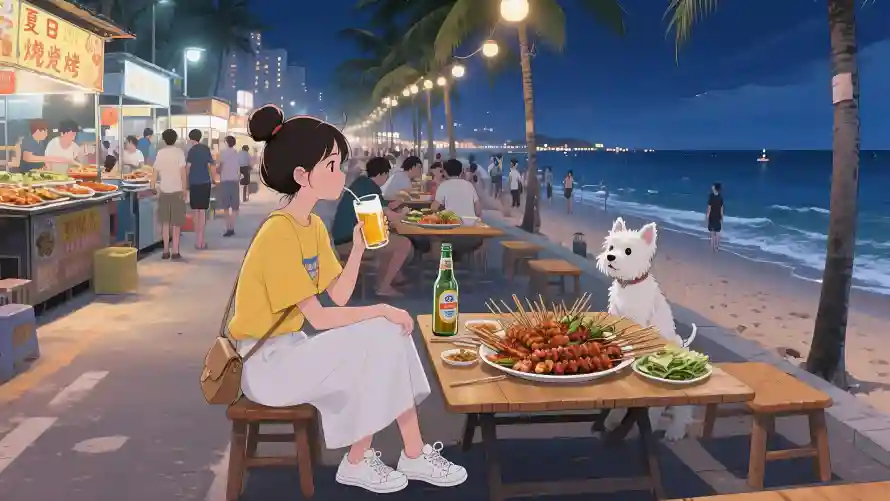 5k夏天休闲壁纸-夜晚海滩壁纸和宠物小狗-海边烧烤「哲风壁纸」