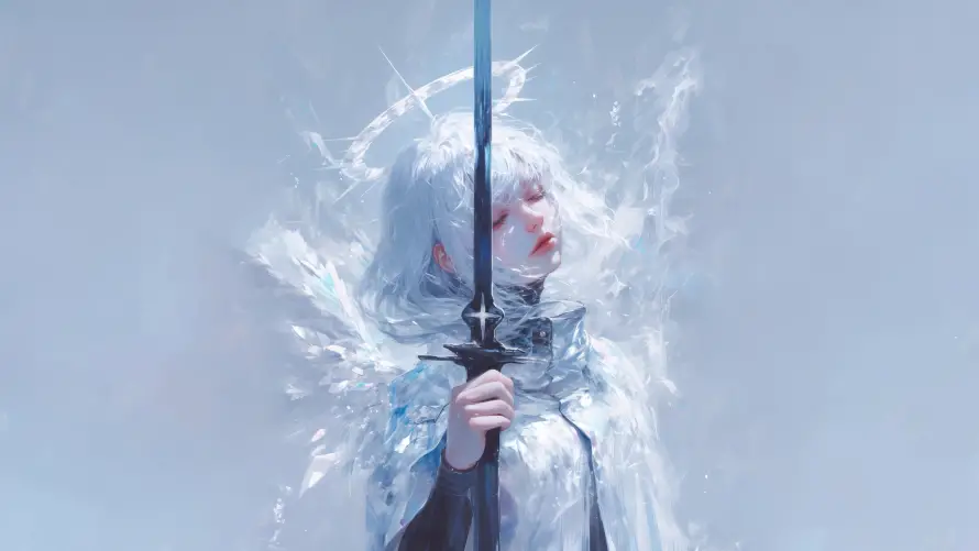 4k执剑壁纸-圣洁插画 - 天使剑士-奇幻少女「哲风壁纸」