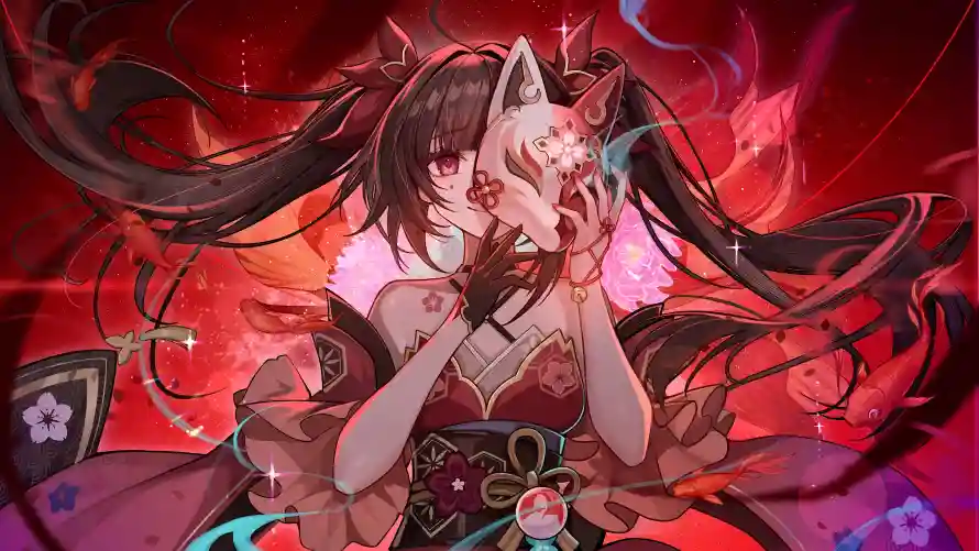 10k面具壁纸-神秘插画和马尾-红色背景热门的壁纸「哲风壁纸」