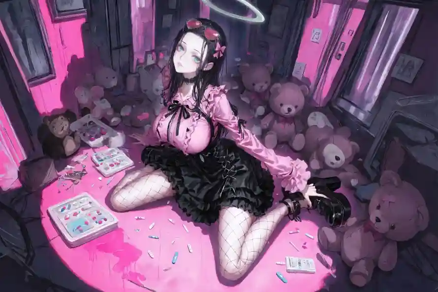 5k渔网袜壁纸-玩偶熊与少女插画-暗黑萝莉「哲风壁纸」