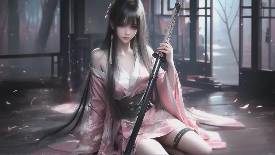 4k东方美学壁纸-古风角色与武器特写-武士少女「哲风壁纸」