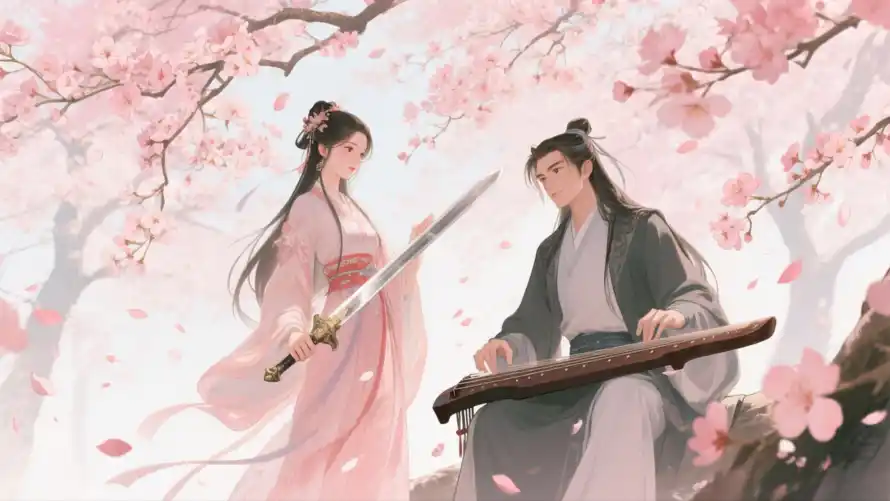 3k侠侣壁纸-唯美背景与剑琴-抚琴男子壁纸推荐「哲风壁纸」