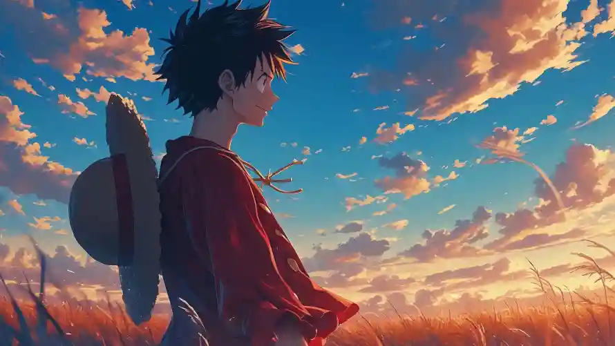 4k动漫角色壁纸-夕阳天空和少年背影-草地场景「哲风壁纸」