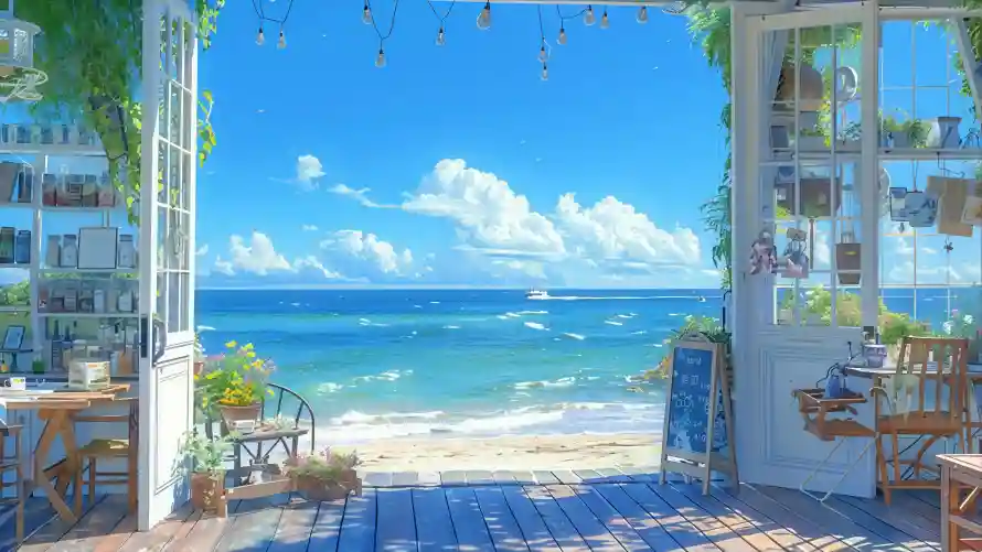 4k治愈系壁纸-夏日海滩与木质露台-海景背景「哲风壁纸」