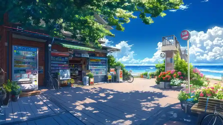 4k树荫壁纸-杂货铺和夏日海边-日系插画「哲风壁纸」