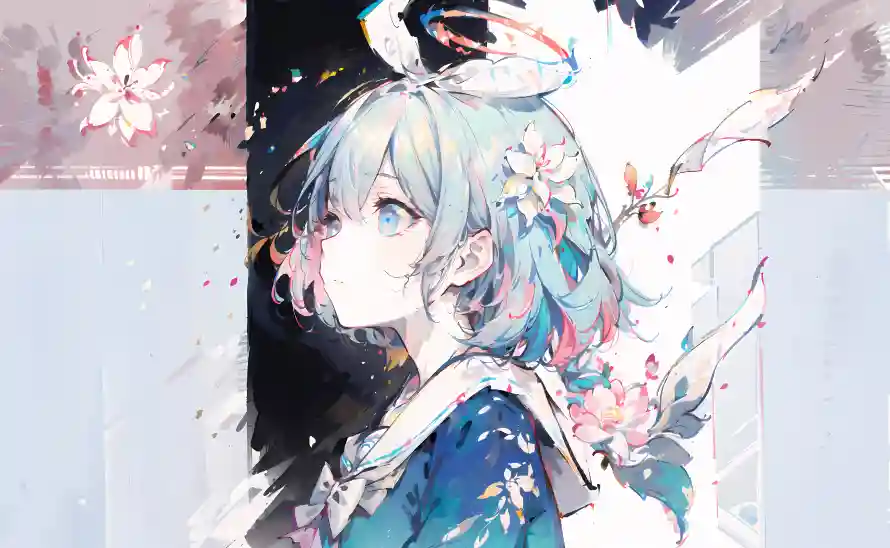 7k阿洛娜壁纸-插画风格和花朵元素-蓝发少女「哲风壁纸」