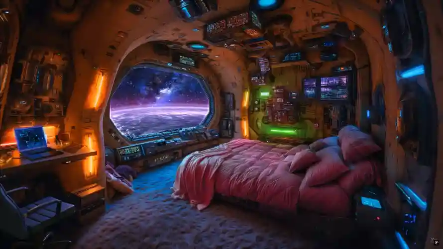 4k太空卧室壁纸-宇宙房间 - 科幻空间-赛博灯光「哲风壁纸」