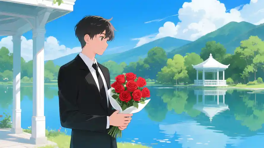3k浪漫插画壁纸-湖景凉亭壁纸和玫瑰表白-表白场景「哲风壁纸」