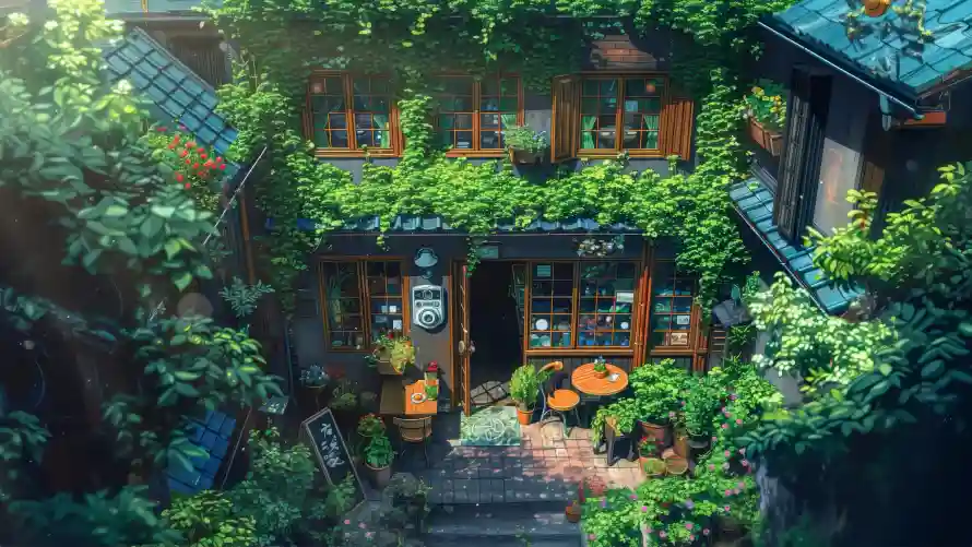 4k藤曼壁纸-传统建筑 - 咖啡小店-宁静小屋「哲风壁纸」