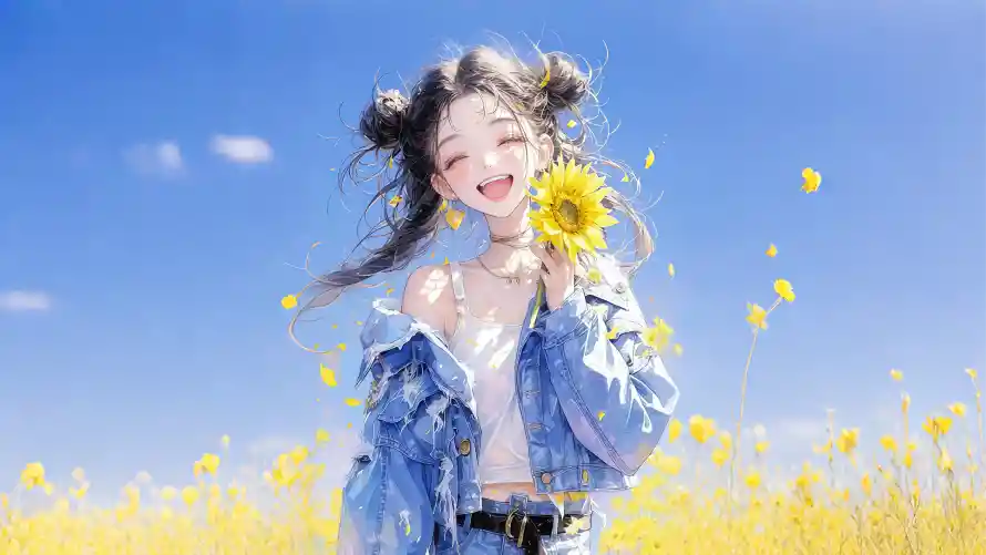 4k向日葵壁纸-少女花海 - 晴空蓝天-花海少女「哲风壁纸」