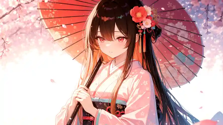 3k樱花壁纸-樱花伞壁纸和美女-和服美女免费下载「哲风壁纸」