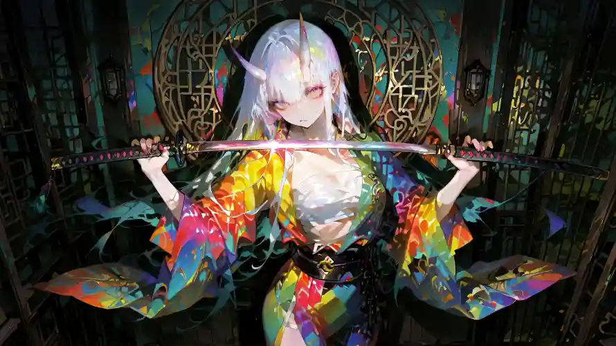 8k武士刀壁纸-彩色衣服和恶魔之角-白发女孩「哲风壁纸」
