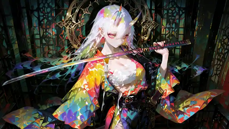 8k武士刀壁纸-哥特元素 - 彩色衣服-恶魔之角「哲风壁纸」
