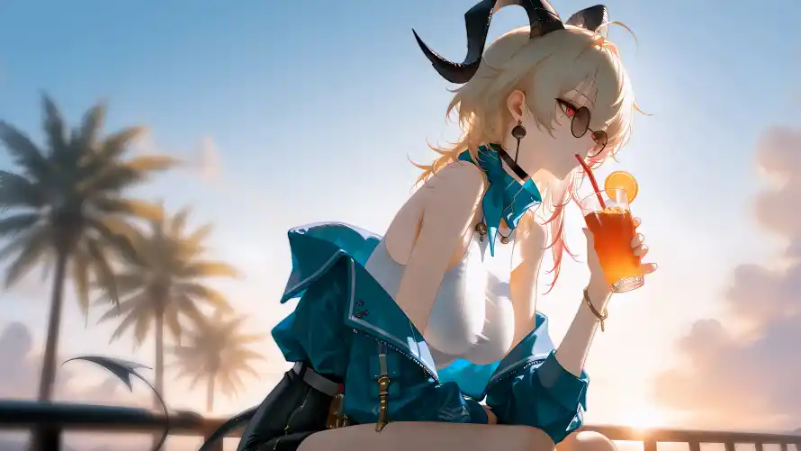 8k墨镜女孩壁纸-夏日冰饮与恶魔之角-墨镜美少女「哲风壁纸」