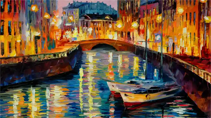 2k名画壁纸-城市桥梁和油画-夜景绘画壁纸分享「哲风壁纸」