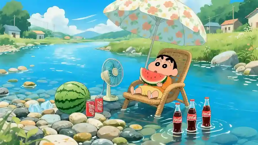 4k卡通插画壁纸-夏日动漫与清凉场景-溪水乘凉「哲风壁纸」