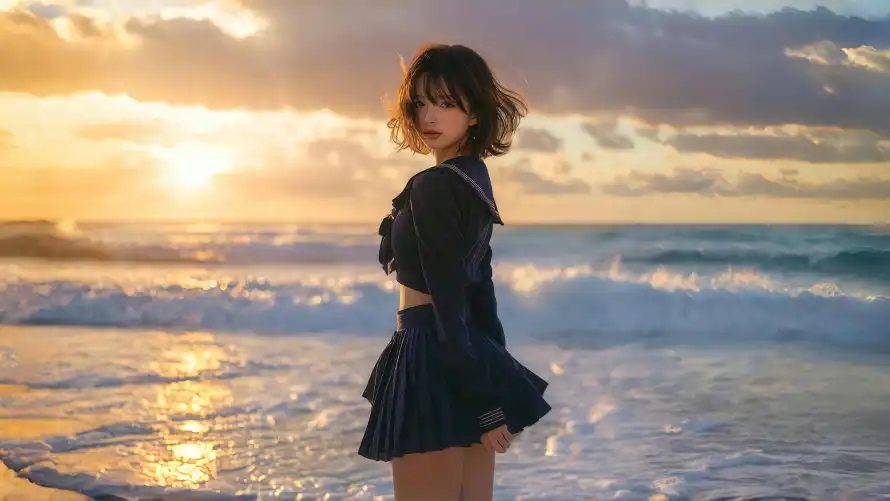 4k侧脸写真壁纸-jk制服壁纸和jk美女-海边写真「哲风壁纸」
