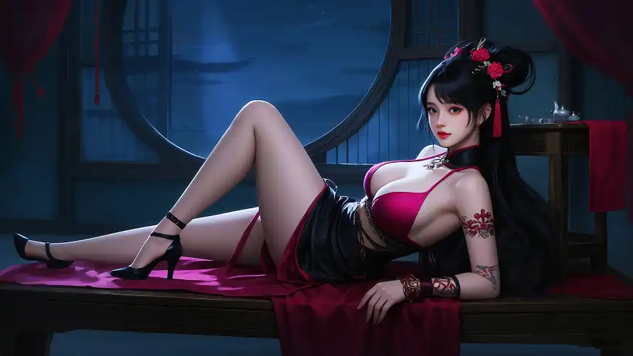 4k美女壁纸 - 躺姿 - 古风室内 - 性感躺姿「哲风壁纸」