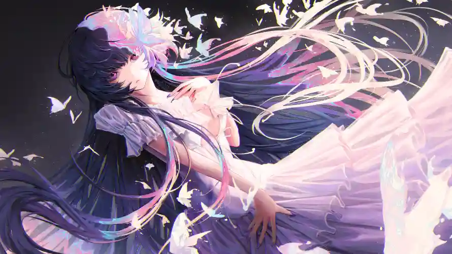 4k蝴蝶壁纸 - 美少女 - 幻纱长发 - 梦幻插画「哲风壁纸」