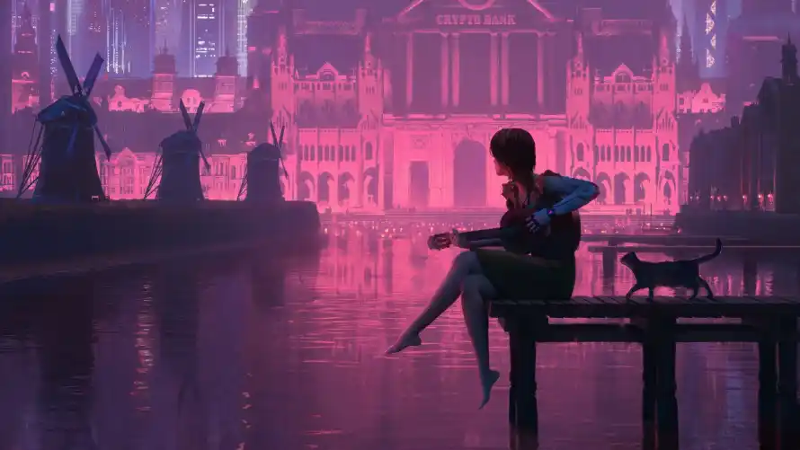 4k少女壁纸 - 紫色 - 城市夜景 - 夜景猫咪「哲风壁纸」
