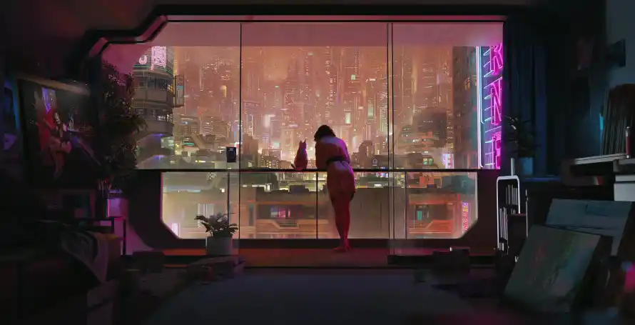 4k少女壁纸 - 风景 - 未来都市夜景 - 科幻少女插画「哲风壁纸」