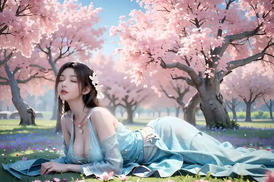 4k宋玉壁纸 - 樱花林 - 蓝裙美女 - 躺姿美女「哲风壁纸」
