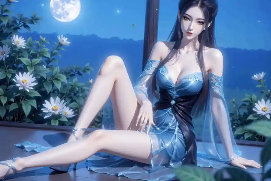 9k月夜壁纸-焰灵姬与蓝裙-动漫角色壁纸推荐「哲风壁纸」