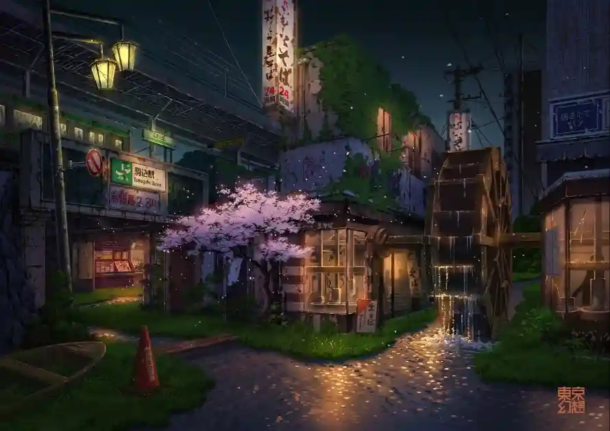 4k动漫壁纸 - 场景 - 夜景 - 樱花「哲风壁纸」