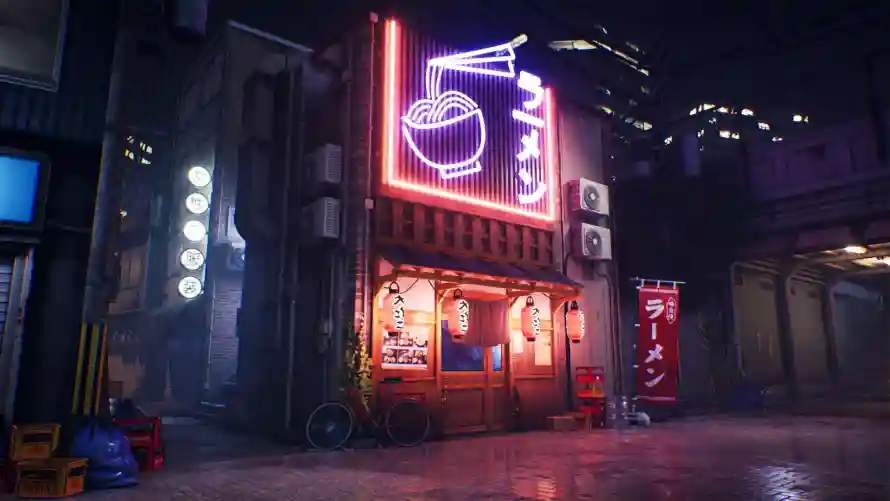 4k拉面馆壁纸 - 霓虹灯 - 动漫场景 - 夜晚街道「哲风壁纸」