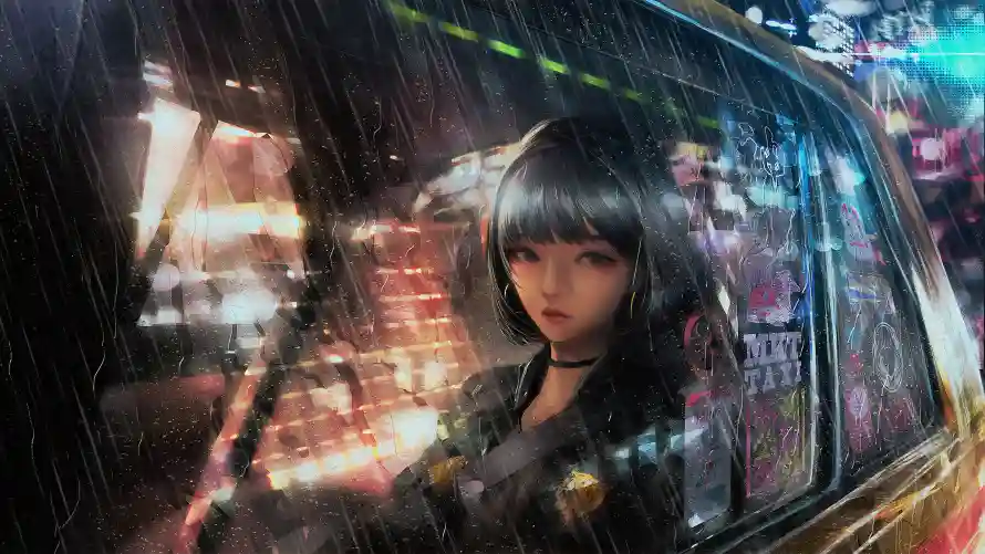 4k动漫壁纸 - 少女 - 车窗 - 雨夜「哲风壁纸」