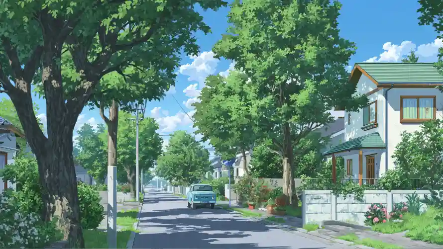 4k小镇壁纸-动漫场景和绿树-夏日小镇免费下载「哲风壁纸」